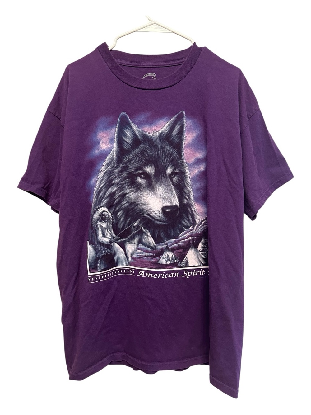Vintage Y2K Cadre Purple Native American & Wolf Design T-Shirt Size XL